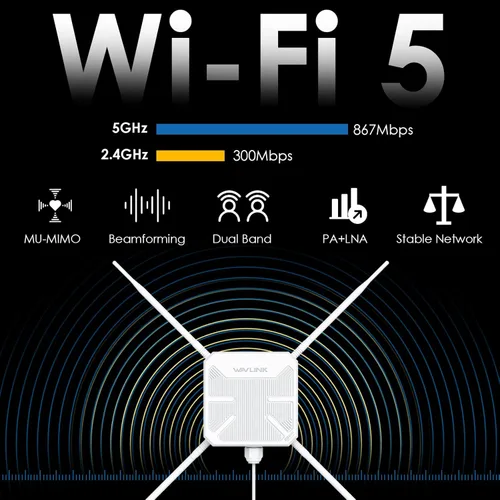 Vista 2 de WAVLINK AC1200 Extensor WiFi para exteriores, punto de acceso inalámbrico, extensor Wi-Fi de doble banda de largo alcance 2025, antenas Omni 4x7dBi