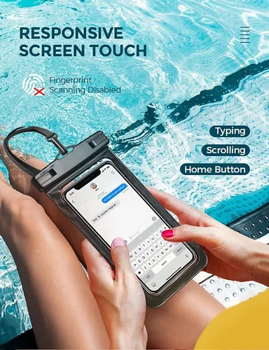 Vista 7 de Funda impermeable para teléfono IP68, flotante impermeable, bolsa seca esencial para crucero en la playa con cordón ajustable para iPhone 16 Pro Max