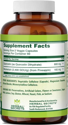 Vista 2 de Herbal Secrets Quercetina de 800 mg con bromelina de 165 mg, suplemento de cápsulas vegetales Sin OMG Sin gluten Fabricado en Estados Unidos