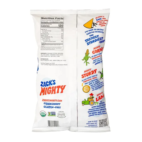 Vista 2 de Zack's Mighty Chips de tortilla orgánica, sin OMG, sin gluten, resistentes para sumergir, bolsa de 9 onzas