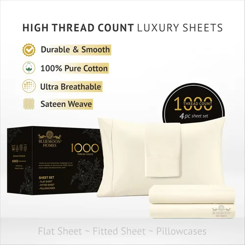 Vista 2 de Bluemoon Homes 1000 TC Juego de sábanas tamaño King de 4 piezas - 100% sábanas de algodón egipcio - 1000 hilos - Transpirables y refrescantes
