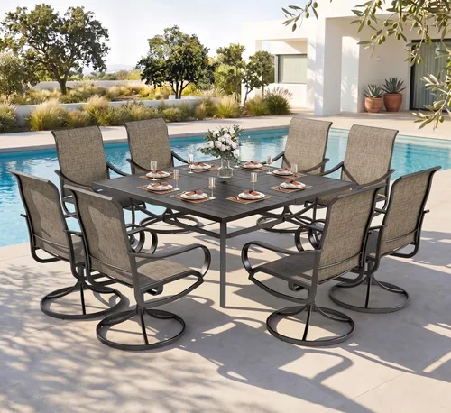 Vista 11 de PHI VILLA Juego de comedor de 5 piezas para patio al aire libre con 4 sillas de comedor giratorias y 1 mesa de comedor similar a la madera, silla
