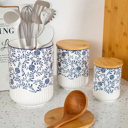 Vista 7 de Juego de recipientes para cocina - Recipientes de cerámica para encimera con tapas herméticas de madera - Recipientes para harina y azúcar