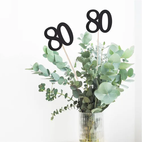 Vista 3 de Paquete de 10 palitos de centro de mesa de aniversario con purpurina de doble cara para cumpleaños número 80, decoración de mesa para fiesta de Negro