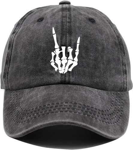 Vista 7 de Sombrero de mano de esqueleto, gorra de béisbol con dedos de calavera, ajustable, lavado y desgastado, para hombres y mujeres