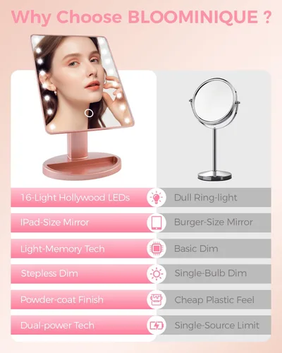 Vista 3 de Espejo de maquillaje iluminado con luces, espejo de tocador con luces, 16 luces LED, espejo de escritorio regulable con luz, fuente de alimentación