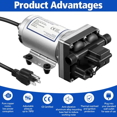 Vista 3 de Bomba de refuerzo de presión de agua de 110 V, 5.5 GPM, 70 PSI, bomba de agua industrial autocebante con enchufe de alimentación, accesorios