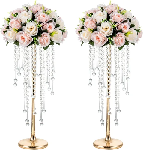 NUPTIO Centros de mesa de boda Jarrones dorados: 2 unidades de 21.7 pulgadas de alto Jarrón de flores de cristal Soporte de flores de metal para