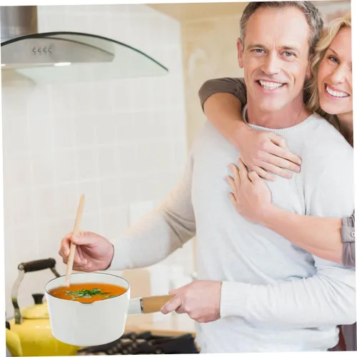 Vista 6 de Cabilock Cacerola de cerámica pequeña olla de leche esmaltada calentador de mantequilla para sopa, leche hirviendo olla con mango de madera