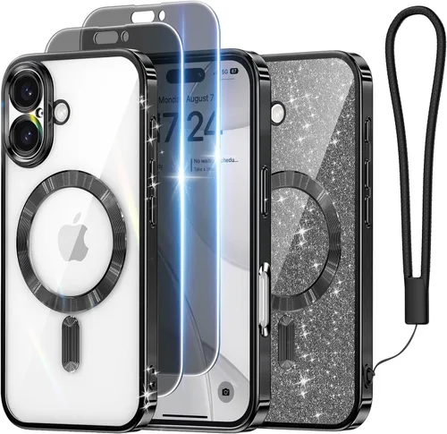 Vista 16 de Meifigno Funda diseñada para iPhone 16 de 6.1 pulgadas, [tarjeta con purpurina y correa de muñeca] [compatible con MagSafe] Protección completa