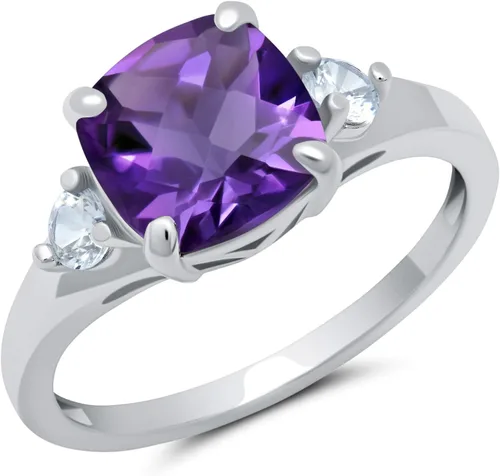 MAX + STONE Cushion Cut Gemstone Three Stone Ring for Women in 10k White or Yellow Gold with Created White Sapphire Accents and Birthstone Size 5 to