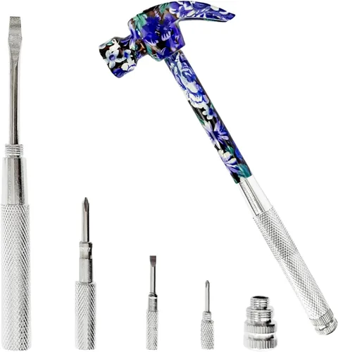 Vista 6 de Herramienta multifuncional 6 en 1 con martillo floral y destornillador, martillo multiherramienta para camping, clavos y tachuelas, pequeña Púrpura