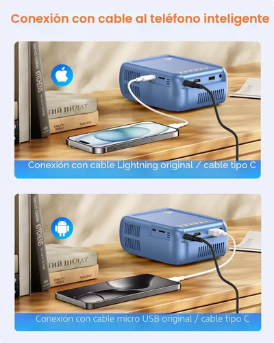 Vista 4 de Mini proyector con WiFi y Bluetooth, proyector de película portátil para iPhone, compatible con 1080P con altavoz de 3 W, para cine en casa al aire