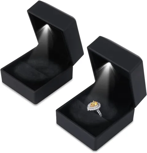 Vista 2 de iSuperb Caja de anillo con luces LED, 2 unidades, para propuestas, compromisos, bodas, regalos (paquete de 2 unidades, negro)