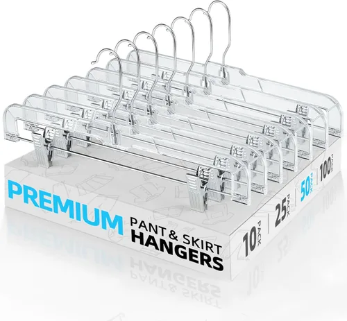 Vista 11 de HOUSE DAY Perchas para faldas transparentes con clips, percha antideslizante de plástico para pantalones con 2 clips ajustables, percha con clip