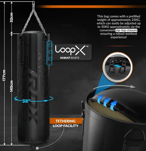 Vista 2 de RDX Saco de boxeo pesado de 5 pies para entrenamiento profesional, 55 libras prellenado con capacidad máxima de llenado de 110 libras, juego de 3