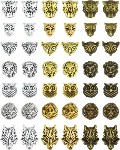 JIALEEY Cuentas espaciadoras sueltas tibetanas de animales, cuentas espaciadoras mixtas de león, zorro, búho, leopardo, se ajustan al encanto