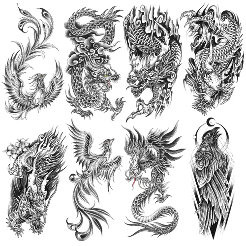 Vista 13 de 8 hojas impermeables brazo pierna falso cuerpo arte temporal tatuaje dragón serpiente cruz rosa flor