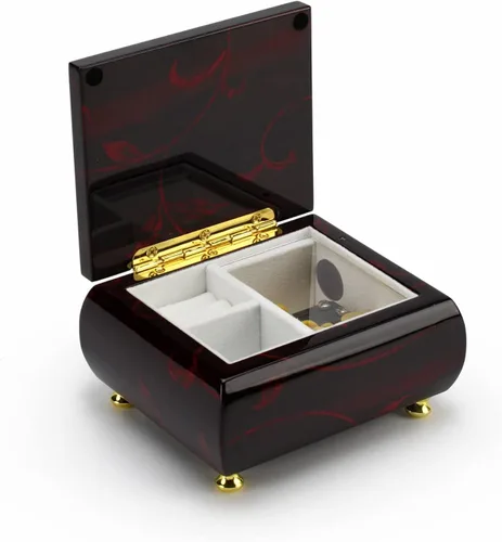 Vista 2 de Impresionante joyero de música biselada de color borgoña con motivo floral artístico, muchas canciones para elegir, Madera