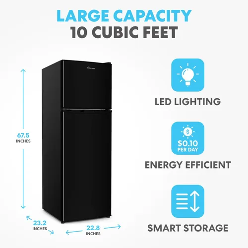 Vista 2 de Simpli-Magic Refrigerador de 10 pies cúbicos con congelador – Refrigerador compacto de doble puerta para oficina, dormitorio, garaje – Termostato