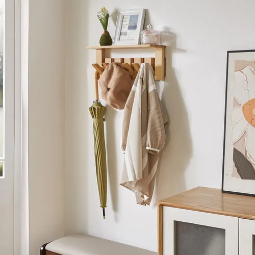Vista 7 de YMYNY Perchero de pared montado en pared con estante, estante de pared con ganchos retráctiles, perchero de pared de madera para colgar