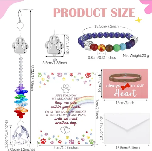 Vista 2 de Juego de 5 regalos conmemorativos de arcoíris para mascotas, incluye atrapasoles de cristal con estampado de patas, pulsera de arco iris