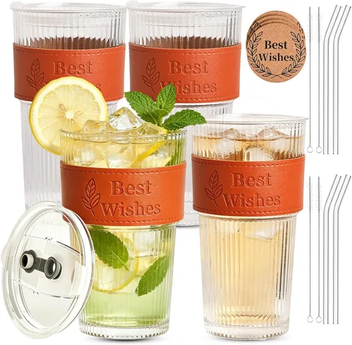 4-Pack 20oz Ribbed Glass Tumbler Set, Reusable Glass with Lids & Straw