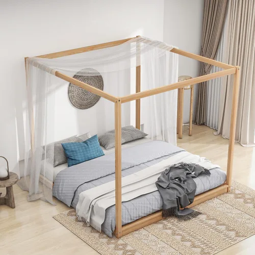 Vista 3 de Harper & Bright Designs Cama King con dosel de madera con 4 paneles de póster, marco de cama de suelo, cama de plataforma tamaño King para niños