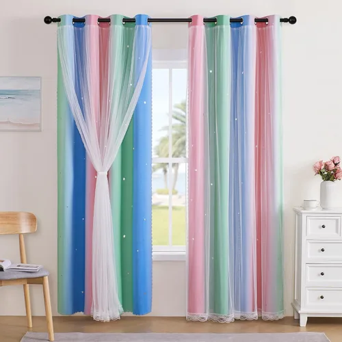 Vista 86 de XiDi Cortinas rosas y grises para dormitorio de niñas, calcomanías de pared de unicornio, cortina verde, cortinas de oscurecimiento de habitación