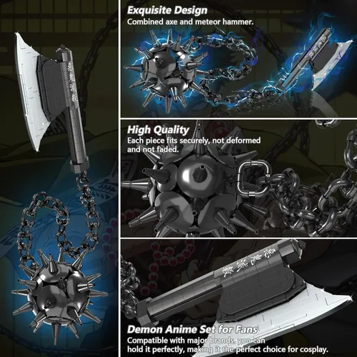 Vista 2 de HIGH GODO Demon Anime Sword Building Set, Kit de Bloques de Hacha y Martillo Meteoro de 43 Pulgadas, Set de Bloques de Construcción de Armas