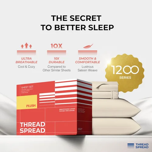 Vista 2 de THREAD SPREAD Juego de sábanas 100% de algodón egipcio, tamaño Queen, 1200 hilos, 4 piezas, algodón egipcio, sábanas de lujo de tejido satinado