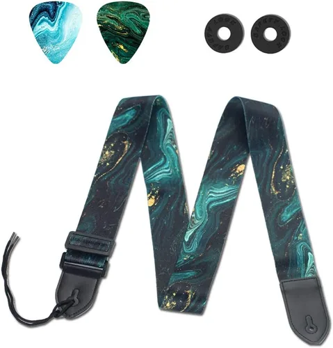 Vista 21 de QIELIZI Correa ajustable para guitarra incluye 2 cierres de correa y 2 púas a juego y 1 portapúas y 1 botón de correa de cuero.