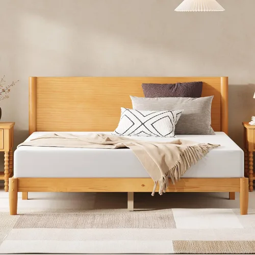 Vista 12 de AMERLIFE Marco de cama individual de madera maciza, cama de plataforma moderna de mediados de siglo con cabecera de panel completo, patas