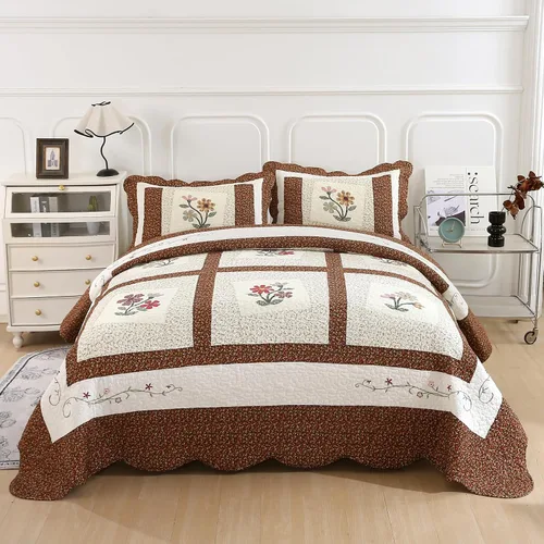 Vista 2 de vctops - Juego de edredón acolchado floral bordado de 2 piezas, 100% algodón, reversible, 1 edredón y 1 funda de almohada (café, individual)