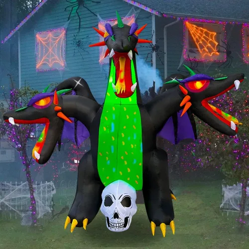 Vista 2 de SEASONBLOW Decoración inflable de dragón de 3 cabezas de Halloween de 10 pies con luz LED para jardín, césped, patio, interior, exterior, hogar
