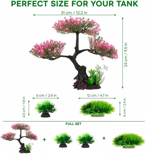Vista 4 de Cabilock Decoración de acuario de flor de cerezo rosa, planta artificial de tanque de peces de árbol Sakura de 12.2 pulgadas con base estable
