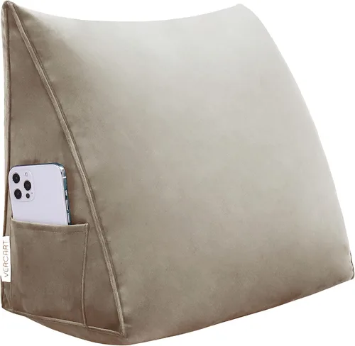 Vista 6 de VERCART Almohada triangular de cuña para cama, respaldo y respaldo, almohadas de lectura para lumbar y sentarse, manta decorativa para silla de Beige