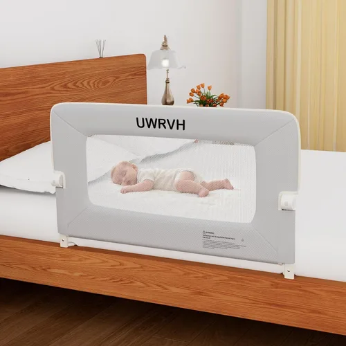 Vista 8 de Riel de cama para niños pequeños, riel plegable de 33 pulgadas, base en forma de T sin taladrar con bloqueo de seguridad, tela 3D suave, protector