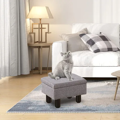 Vista 9 de Cpintltr Taburete de lino pequeño otomano rectangular para pies tapizado con patas de madera maciza, taburetes decorativos modernos, color gris