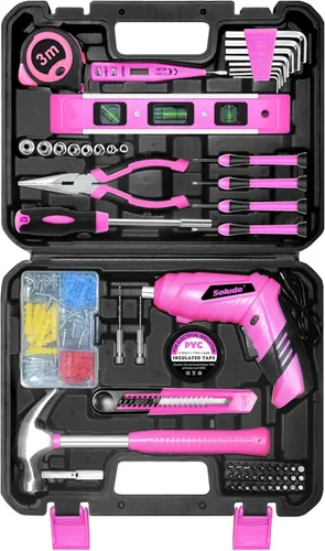 Vista 9 de SOLUDE Juego de herramientas rosadas, 102 piezas para el hogar, kit de herramientas rosas para mujeres con estuche de almacenamiento, juego
