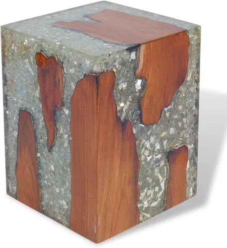 Taburete de madera maciza de teca y resina, taburete de tocón de árbol con borde vivo, mesa auxiliar de borde natural, soporte para plantas, mesita