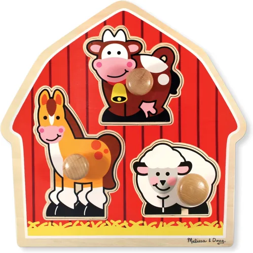 Melissa & Doug Rompecabezas de animales de granja con pomo gigante, rompecabezas de madera con clavijas para niños pequeños, juguete educativo para