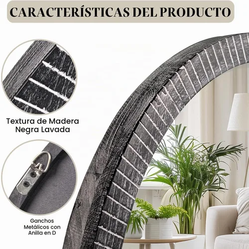 Vista 4 de Espejo redondo de madera de 35 pulgadas, espejo de madera grande de granja, negro lavado Rustic Wood Round Mirror for Wall Decor, Beleved