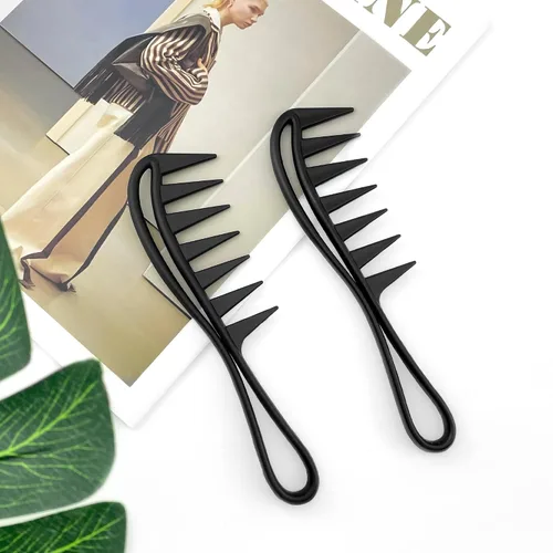 Vista 7 de Quacc 2 peines de dientes anchos para rizar el cabello, de plástico resistente, peine de peinado de salón, peines de dientes de tiburón grandes