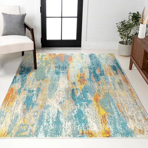 Vista 10 de JONATHAN Y Alfombra abstracta moderna de estilo vintage estilo cascada azul/marrón/naranja, 2 x 8 pulgadas, contemporánea, de transición, fácil