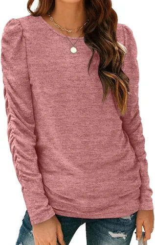 Vista 2 de OFEEFAN Camisetas de manga larga para mujer, túnicas ligeras, manga abombada, cuello redondo, ropa de otoño de moda 2023