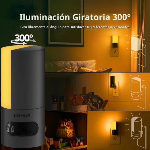 Vista 2 de Lyridz Luz nocturna LED ámbar enchufable con sensor de movimiento, giratoria, luz nocturna retroiluminada regulable, brillo ajustable de 1-150 lm