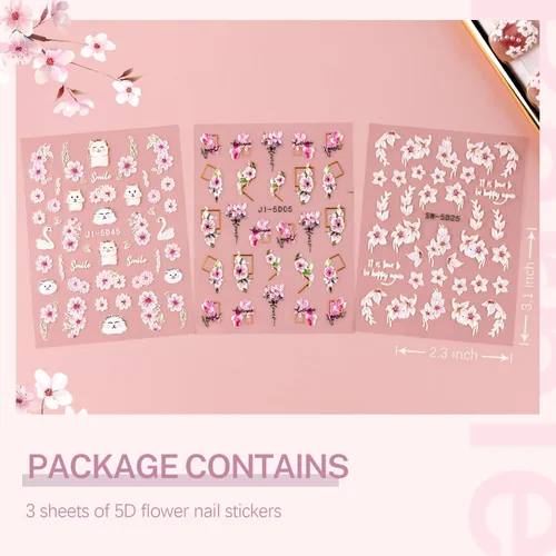 Vista 2 de Calcomanías de uñas con flores 5D para arte de uñas, 3 hojas de calcomanías de uñas en relieve, calcomanías autoadhesivas, calcomanías de arte