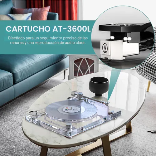 Vista 4 de Tocadiscos de vinilo vintage, tocadiscos Bluetooth 5.3 con preamplificador integrado, brazo de fibra de carbono, placa acrílica antivibración, doble