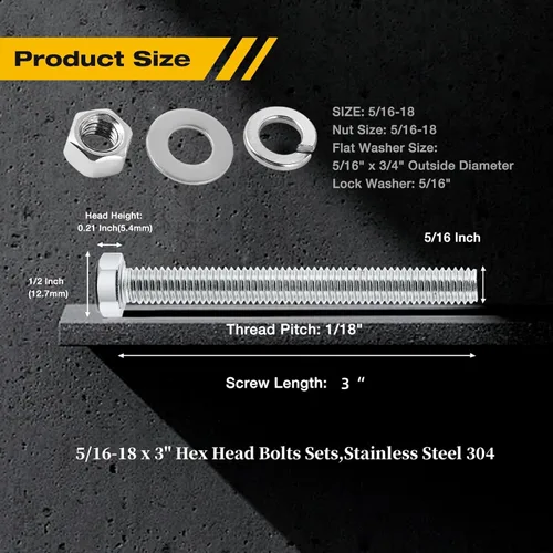 Vista 3 de (10 juegos) 5/16-18x3 Juego completo de tornillos de cabeza hexagonal, tuercas, arandelas planas para guardabarros, arandelas de bloqueo divididas